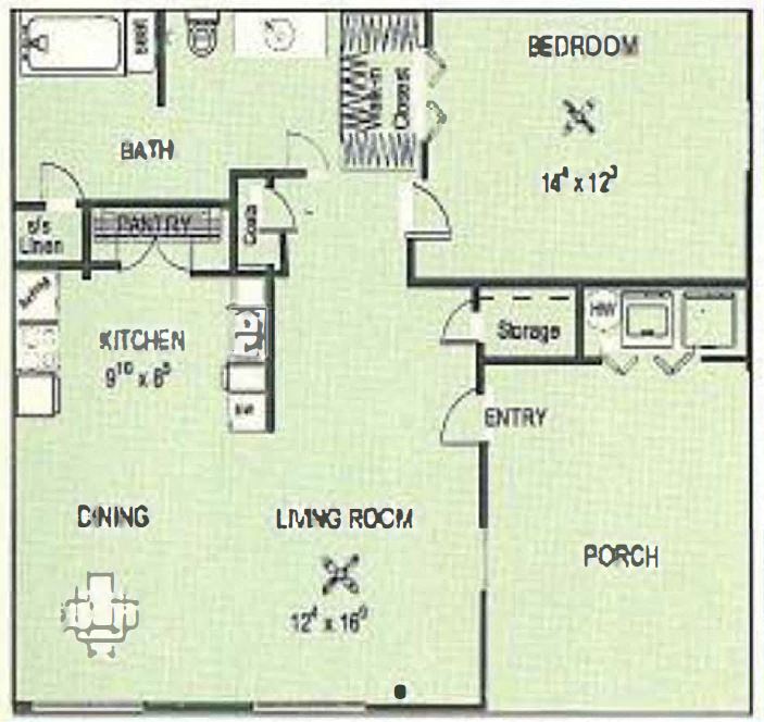 Floor plan for 1 bed, 1 bath, 826 sqft